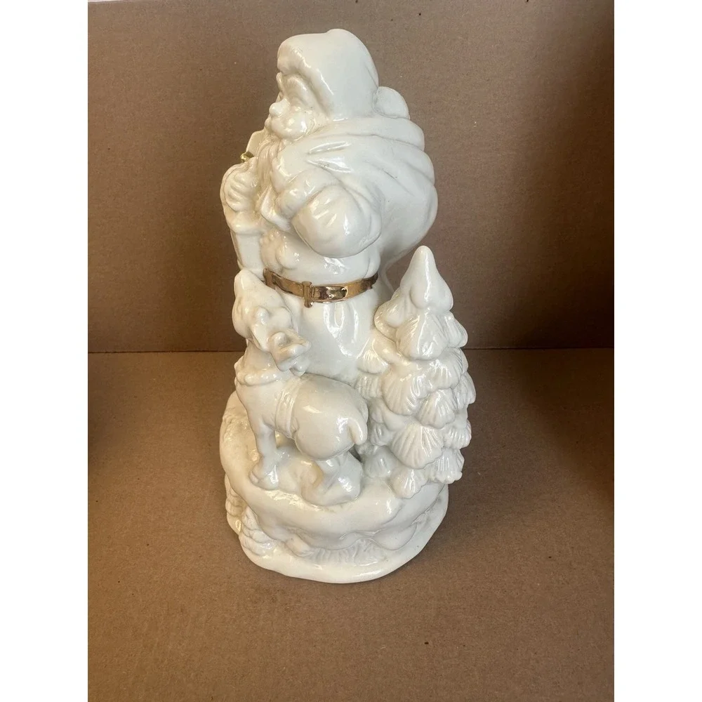 Vtg White Glazed Ceramic Porcelain Santa Claus Reindeer Lantern Figurine 9.5